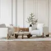 Curva 37" Round Concrete-Look Fiberglass Coffee Table with Wood Legs – Beige – Walnut