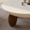 Curva 37" Round Concrete-Look Fiberglass Coffee Table with Wood Legs – Beige – Walnut