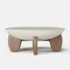 Curva 37" Round Concrete-Look Fiberglass Coffee Table with Wood Legs – Beige – Walnut