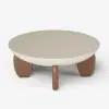 Curva 37" Round Concrete-Look Fiberglass Coffee Table with Wood Legs – Beige – Walnut