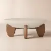 Curva 37" Round Concrete-Look Fiberglass Coffee Table with Wood Legs – Beige – Walnut