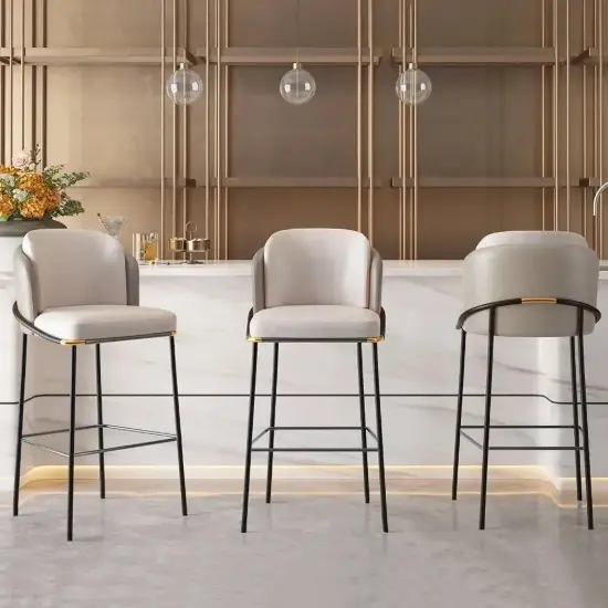 Linenic Light Grey PU Leather Bar Stool with Upholstered, 2 Pieces