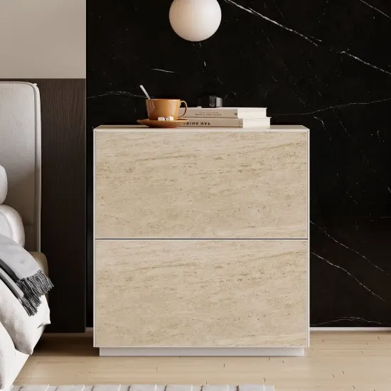 Sintered Stone 2-Drawer Bedside Table – Travertine Nightstand