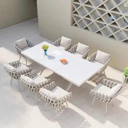 9-Piece Outdoor Extendable Dining Set with 8 Rope Weave Chairs (163 cm - 214 cm) in Grey – Pieces White Marble