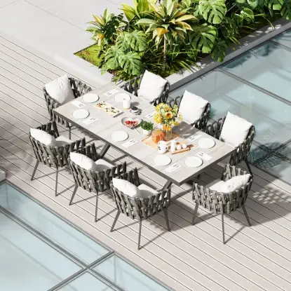 9-Piece Outdoor Extendable Dining Set with 8 Rope Weave Chairs (163 cm - 214 cm) in Grey – Pieces Woven Armchairs