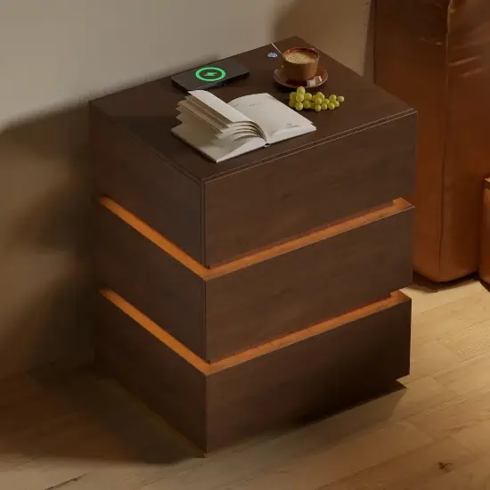 Lumio Walnut 3-Drawer LED Besidetable with Charging Station, Set of 2