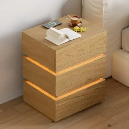Picture of Lumio Natural 3-Drawer LED Besidetable with Charging Station, Set of 2