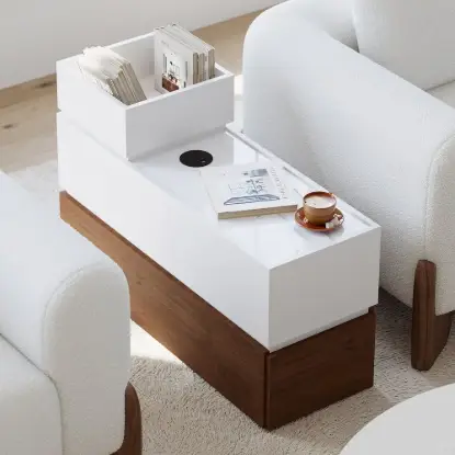 Picture of Modern 889 mm Narrow Sintered Stone End Table with USB & Storage – White – Walnut
