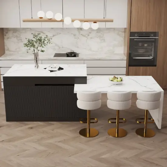 Modern 205 - 285 cm Extendable Sintered Stone Kitchen Island with Doors & Drawers, Black – White