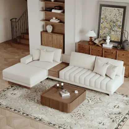 Picture of Vewal 3200 mm L-Shaped Modular Cotton-Linen Sectional Sofa Set with 889 mm Square Coffee Table