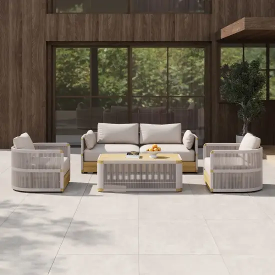 Costra 4-Piece Outdoor Rope Weave Swivel Sofa Set with Coffee Table in Ivory for 4