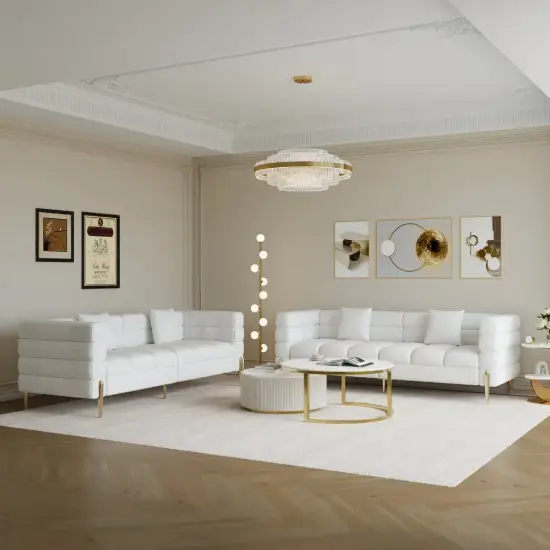 Axial 200 cm Faux Leather Fluted Sofa with Gold Legs & Pillows, Set of 2 – Aurora