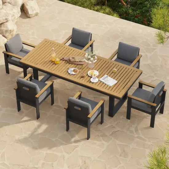 Tevara 6 - Person Rectangle Wood & Aluminium Outdoor Patio Dining Table 6 Dining Chairs