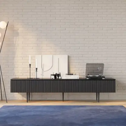 Picture of Modern 200 cm Fluted Black TV Stand with Drawers & Black Metal Legs