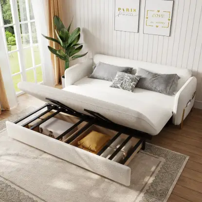 170 cm 3-Seater Warm White Boucle Convertible Sleeper Sofa with Storage & Pillows