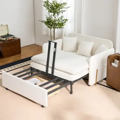 135 cm 1-Seater Warm White Boucle Convertible Sleeper Sofa with Storage & Pillows – AUD-H1504