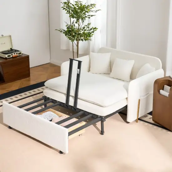 135 cm 1-Seater Warm White Boucle Convertible Sleeper Sofa with Storage & Pillows – AUD-H1504