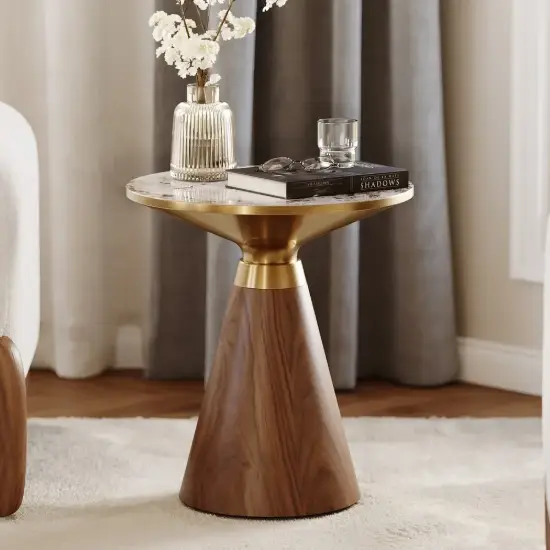 Sculra Modern 56 cm Walnut Pedestal End Table with Sintered Stone Top