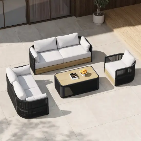 Costra 4-Piece Outdoor Rope Weave Swivel Sofa Set with Coffee Table in Black for 6