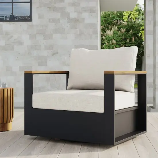 Tevara Outdoor Teak & Aluminium Swivel Lounge Chair in White – Dark Grey