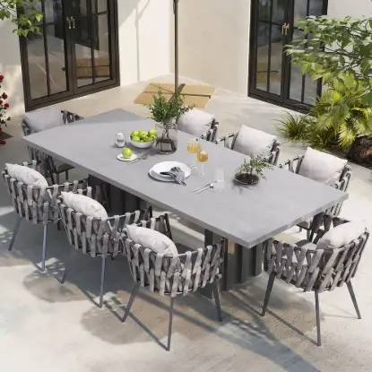 9-Piece Outdoor Extendable Dining Set with Aluminum Table and 8 Woven Chairs in Grey