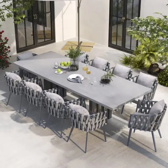 11-Piece Outdoor Extendable Dining Set with Aluminium Table and 10 Woven Chairs in Gray