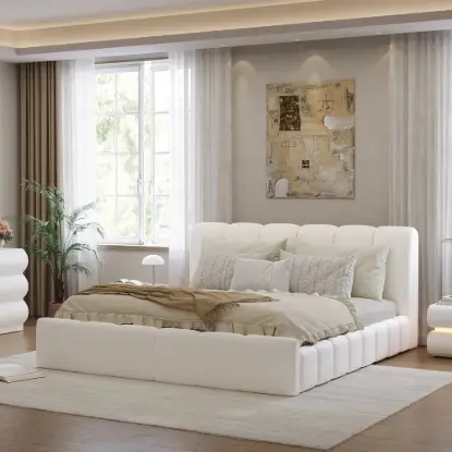 Picture of Humply Modern Queen White Leather Upholstered Bed Frame
