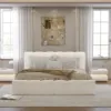 Humply Modern Queen White Leather Upholstered Bed Frame
