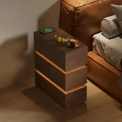 Picture of Lumio Walnut 3-Drawer Narrow LED Bedside Table with Charging Station