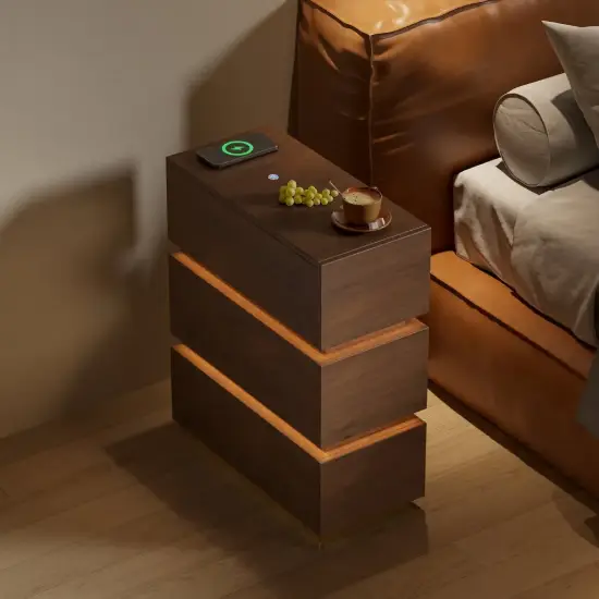 Lumio Walnut 3-Drawer Narrow LED Bedside Table with Charging Station