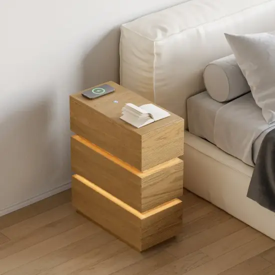 Lumio Natural 3-Drawer Narrow LED Bedside Table with Charging Station