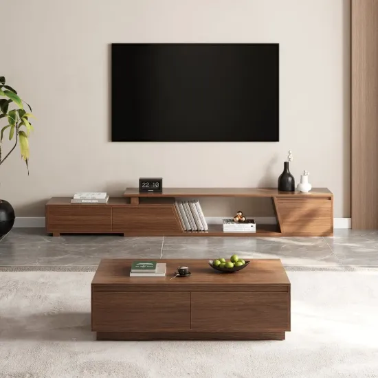 Fero Mid Century Extendable Walnut TV Stand & Block Coffee Table Set