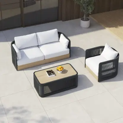 Costra 3-Piece Outdoor Rope Weave Swivel Sofa Set with Coffee Table in Black for 4