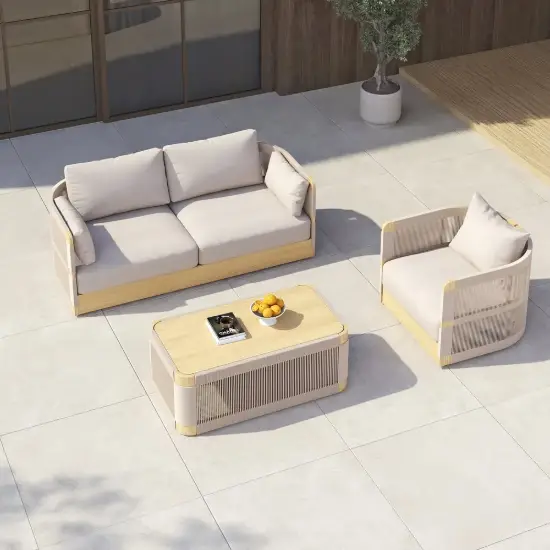 Costra 3-Piece Outdoor Rope Weave Swivel Sofa Set with Coffee Table in Ivory for 4
