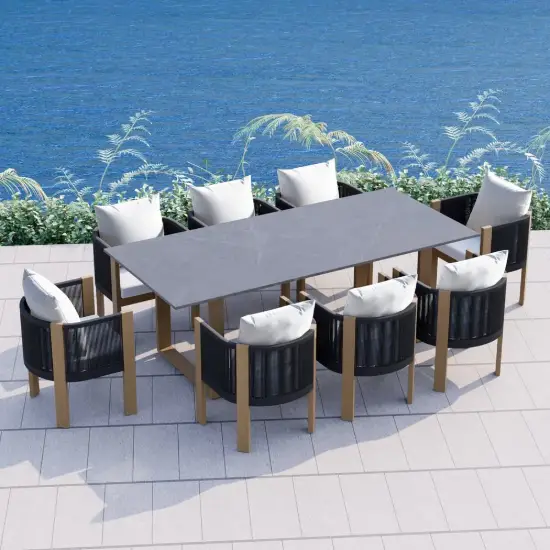 Picture of 9-Pieces Faux Marble Outdoor Dining Set with Woven Rope Chairs for 8 Person (2200mm)