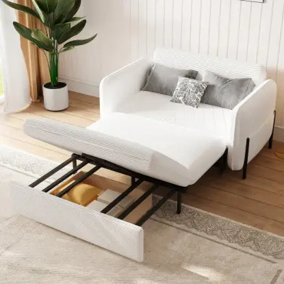 135 cm 1-Seater White Corduroy Convertible Sleeper Sofa with Storage & Pillows – AUD-H1559