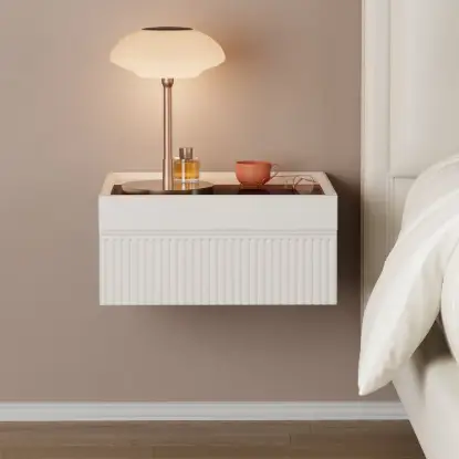 Picture of Flutura Modern Floating White Bedside Table with Glass Top & Jewellery Storage