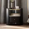Black Round Leather Bedside Table with Sintered Stone Glass Top
