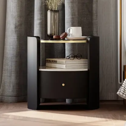 Black Round Leather Bedside Table with Sintered Stone Glass Top