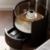 Black Round Leather Bedside Table with Sintered Stone Glass Top