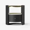 Black Round Leather Bedside Table with Sintered Stone Glass Top
