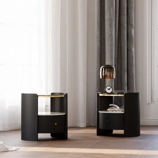 Black Round Leather Nightstand with Sintered Stone Glass Top, Set of 2