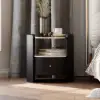Black Round Leather Nightstand with Sintered Stone Glass Top, Set of 2