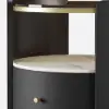 Black Round Leather Nightstand with Sintered Stone Glass Top, Set of 2