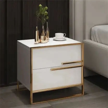 Picture of Minimalist Design Nightstand with 2 Drawers with Gold Base Set of 2