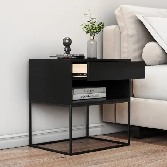 Black Modern Nightstand with Drawer and Black Metal Base Set of 2