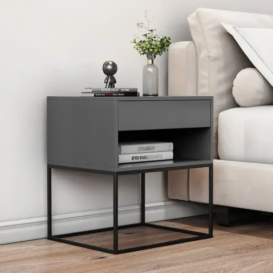 Gray Bedroom Nightstand with Drawer Bedside Table Metal Base Set of 2