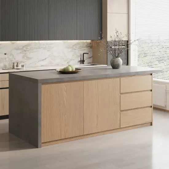 Japandi 183 cm Wood Kitchen Island with Storage, Concrete Grey & Natural – Style Tabletop