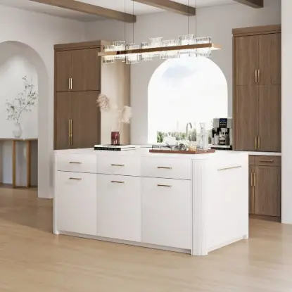 Picture of Modern 180 cm Glossy Sintered Stone Kitchen Island with Cabinets & Towel Rack
