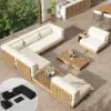 Grida 9-Piece Outdoor Natural Teak Modular Sectional Sofa Set with Coffee Table in Ivory